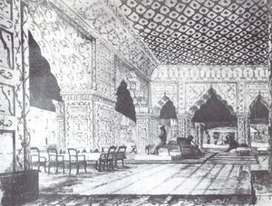 Monarch's private audience hall in the Red Fort converted into a canteen for British officers, 1857, British Library.