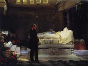 Anton von Werner. „1870 m. liepos 19 d. (Karalius Vilhelmas prie motinos sarkofago)“, 1881 m., Nacionalinis Varšuvos muziejus, Lenkija