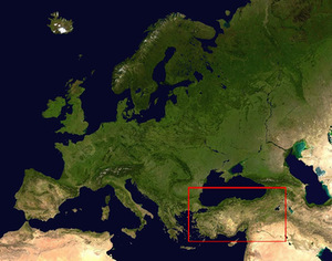 Anatolija (įrėminta raudonu stačiakampiu) ir Europa. Atvaizdas iš Vikitekos.