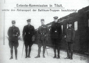 The Entente commision in Tilsit. From right to left: Japanese colonel Takeda, USA brigade general Sidney Albert Chaney, French general Henri Albert Niessel, British brigade general A. J. Turner and Italian brigade general Giovanni Marietti in 1919