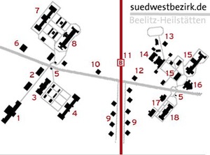 Beelitz karo ligoninės ir sanatorijos pastatų komplekso schema (1898–1945 m.)  In:  www.opacity.com.