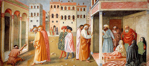 Mazačas. „Šv. Petras, išgydantis luošį, ir Tabitos prikėlimas“, 1425 m., Karmelio kalno Švč. Mergelės Marijos bažnyčia (Brankačių koplyčia), Florencija, Italija