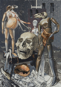 Aliutė Mečys. "Composition with three wooden dummies and a skull", 2000. Hamburg Artists Heritage Forum Collection. Photo by Audrius Kapčius