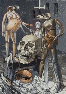 Aliutė Mečys. "Composition with three wooden dummies and a skull", 2000. Hamburg Artists Heritage Forum Collection. Photo by Audrius Kapčius