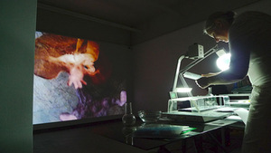 Audiovisual performance Hairy mouth by Psilicone Theatre during the exhibition opening. Tomas Vosylius photo.