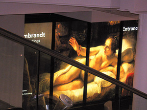 Rembrandt van Rijn's exhibition advertising at the Magna Plaza shopping center, Amsterdam, The Netherlands. Author's photo.