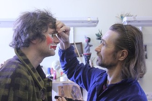 Artist Viktor Antonov (right) making up actor Darius Krapikas