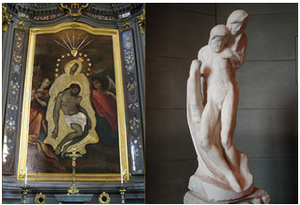 From the left: Painting “The Mother of Sorrows”, beginning of the 17th century, Kaunas St. Apostles Peter and Paul’s Arch-cathedral Basilica. Michelangelo Buonarroti, “Rondanini Pieta” 1564, Musei Civici del Castello Sforzesco, Milan, Italy.