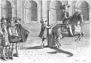 Crispin de Pas. „Treniruotė prie stulpo“, 1625 m., A. de Pluvinel „L’Instruction du Roy en l’exercice de monter à cheval“