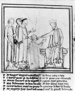 Eduardas Išpažinėjas prisilietimu gydo ligonį, XIII a., Kembridžo universiteto biblioteka, Didžioji Britanija