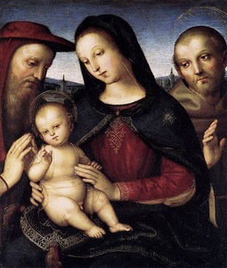 Rafaelio Santi. Madonna with child and saints, 1502. Berlin Art Gallery