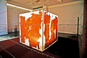 Instaliacija „Zona Nr. 1“, 2006. Metalo konstrukcija, audinys, sintetiniai dažai, geležies oksidas, spygliuota viela, apšvietimas, garsas. Paveikslų galerija, Kaunas. Artūro Užgalio nuotr.