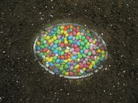 APIE TAI, 2004, instaliacijos fragmentas, stiklas, žemės, saldainiai.