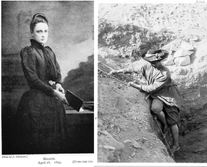 Iš dešinės: J. Thomsonas, egiptologė Margaret Benson, 1893 m.  Fotografija iš knygos A. C. Benson, “Life and letters of Maggie Benson.”  Hilda Urlin-Petrie besileidžianti į kapą, 1897 – 98 m., Dendera, Egiptas.