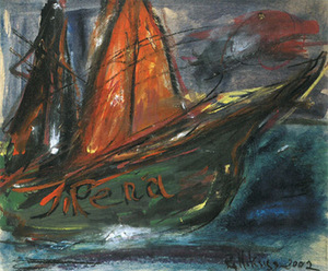 Raimundas Mikšys. "Yacht Irene", cardboard, acrylic paint, pastel, 49,8 x 59,8 cm, 2002