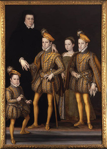 Katerina de Mediči su vaikais. Iš kairės: Karolis IX, Margarita (Margo), Anžu kunigaikštis Henrikas ir  Alensono hercogas Pranciškus, 1564 m. (originalas sunaikintas 1940 m.)