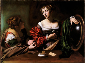 Mikelandželas Merisi da Karavadžas, Marta ir Marija Magdalietė, 1598 m., Detroito meno institutas, JAV.