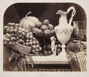 1898 m., platinos plokštelė. R. Fentonas, ,,Natiurmortas su vaisiais ir grafinu,“, 1856 m.