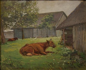 „Valstiečių kiemas“. 1946, aliejus, kartonas. 40x48,5 cm. Privati kolekcija.