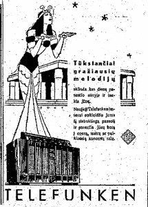 Vokiečių bendrovės ,,Telefunkel” radijo grotuvų reklama.  ,,Lietuvos žinios” Nr. 279.,  1938 m. gruodžio 7 d.