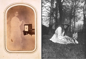 Iš kairės: ,,Elsė Rait su fėja,” fotografuota 1917 m., pirmoji publikacija The Strand Magazine, 1920 m.; Amerikietis anonimas, ,,Dvasinė fotografija – Moters dvasia priešais stalą su fotografija,“ 1865 m.